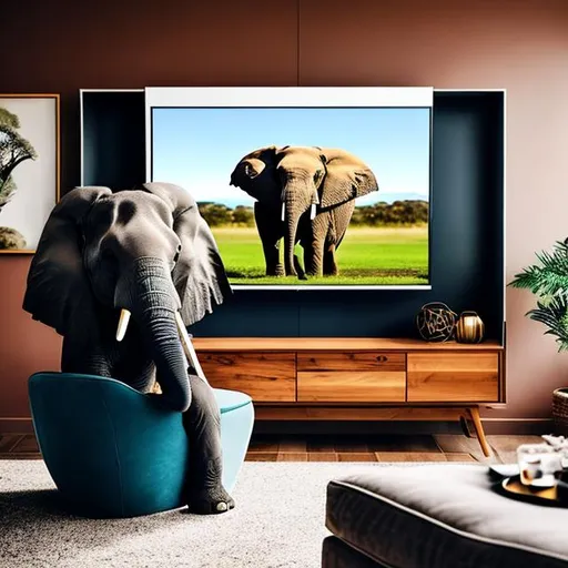 Prompt: an elephant sitting in a lounge room watching sport on a widescreen tv