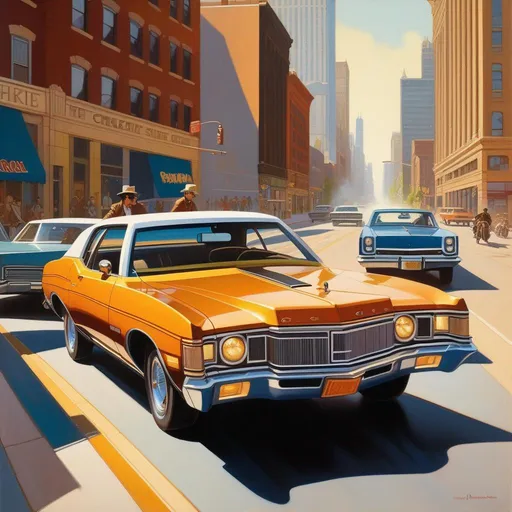 Prompt: 1970s, Chicago, car chase, sunny weather, warm atmosphere, cartoony style, extremely detailed painting by Greg Rutkowski and by Henry Justice Ford and by Steve Henderson
