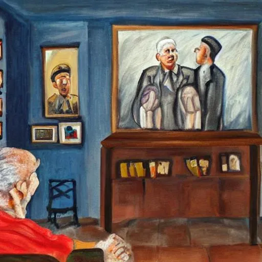 Prompt: A painting
 of a Jewish Holocaust survivor, telling young and old people his story, in the living room of his home.
