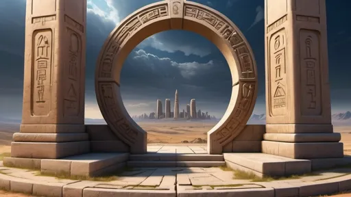 Prompt: circular portal, gateway between cities realms worlds kingdoms, ring standing on edge, freestanding ring, hieroglyphs on ring, complete ring, obelisks, panoramic view