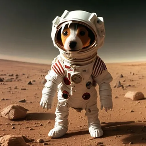 Prompt: Jack russel terrier in a spacesuit on mars. Visible nametag on chest reads "Oggy".