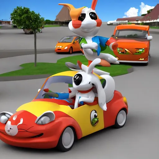 Prompt: cartoon rabbit drives a car, 3d render, highly detailed, long shot