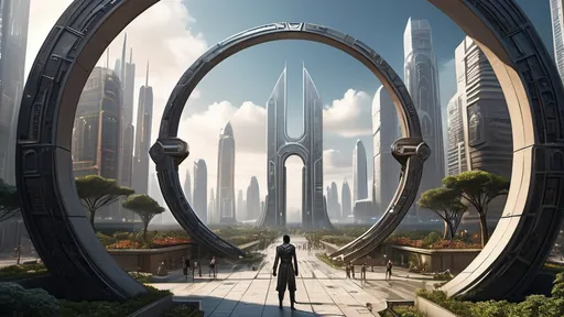 Prompt: human-scale circular portal, portal between different cities realms worlds kingdoms, ring standing on edge, freestanding ring, hieroglyphs on ring, complete ring, obelisks, futuristic towers, garden plaza, hotels, office buildings, shopping malls, large wide-open city plaza, wide vista view, futuristic cyberpunk dystopian setting