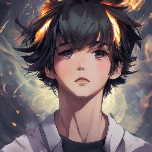 Prompt: anime style boy looking up with a a scenario catching fire behind him