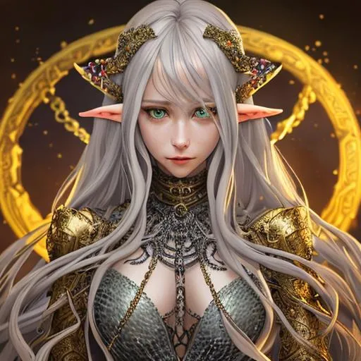 Prompt: Full body, oil painting, fantasy, anime portrait of a female elf, long curly light gray hair, wearing intricate chainmail surrounded by monsters, #3238, UHD, hd , 8k eyes, detailed face, big anime dreamy eyes, 8k eyes, intricate details, insanely detailed, masterpiece, cinematic lighting, 8k, complementary colors, golden ratio, octane render, volumetric lighting, unreal 5, artwork, concept art, cover, top model, light on hair colorful glamourous hyperdetailed medieval city background, intricate hyperdetailed breathtaking colorful glamorous scenic view landscape, ultra-fine details, hyper-focused, deep colors, dramatic lighting, ambient lighting god rays, flowers, garden | by sakimi chan, artgerm, wlop, pixiv, tumblr, instagram, deviantart