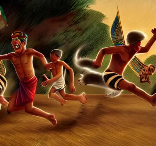 Prompt: Entire Comic book strip Egyptian children two boys laughing running fast chasing after grey kitty cat very detailed renaissance painting style ancient Egyptian set background chaos as they run through highly detailed chasing the grey kitty cat scene by unreal engine 5 style 