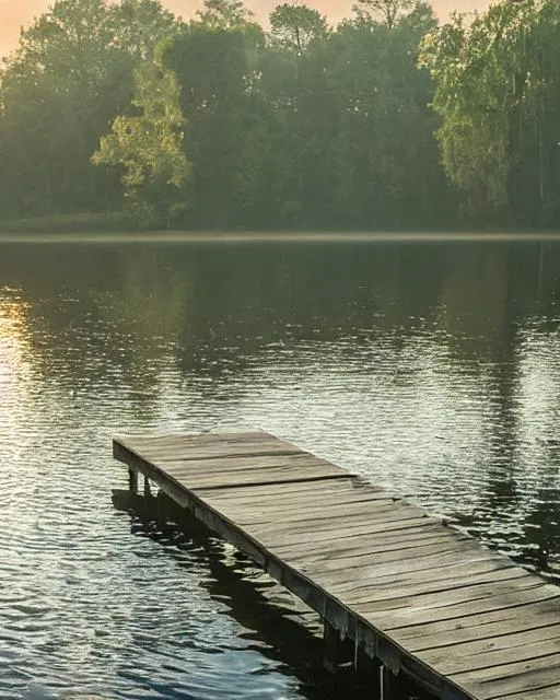 Prompt: wooden dock in pond with dense trees around pond foggy during sunset