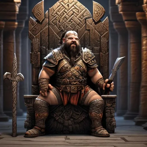 Prompt: A mighty dwarven warlord with axe in hand sitting on his throne in many pillared halls of stone
