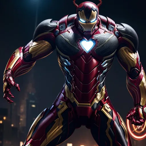 Prompt: (master part) | The masterpiece, best quality, ultra-detailed details, Venom with Iron Man armor, epic scene, stunning lighting effects, powerful pose, intense atmosphere, high resolution.