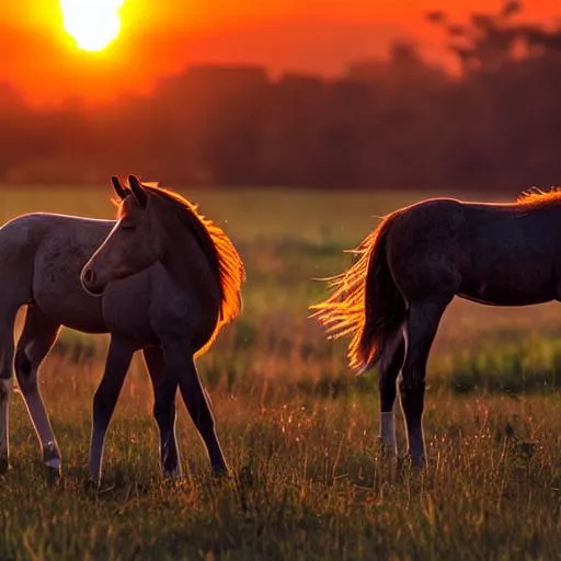 Prompt: pretty foals with a sunset
