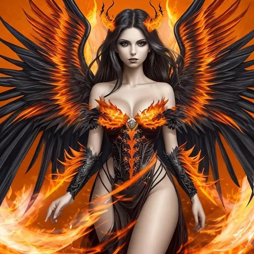 Prompt: A dark angel woman, beautiful dressed in orange and with wings of fire/flames