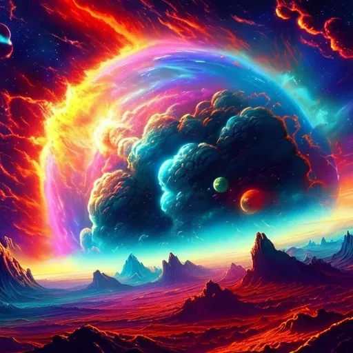 Prompt: Design an HD wallpaper (1760x990) that showcases a breathtaking celestial explosion. Let the explosion burst with vibrant hues of blue, purple, orange, green, and pink, illuminating the darkness of space. Incorporate a distant planet in the composition, creating a sense of cosmic wonder and awe.