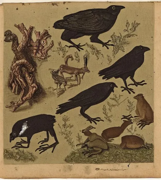 Prompt: seperate images, image containing,
 a toad, and a ,
crow, and a goat, and a hare, 
Highly Detailed, 
