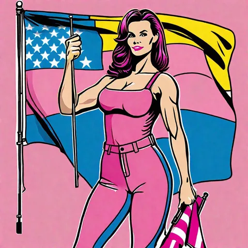 Prompt: Create an impressive profile picture featuring a stunning woman with a flawless wife body 
from the 1990s. She should be holding a flag that is half pink and half blue, with the words "Pro-Life" prominently displayed. The woman should be wearing a jumpsuit in black and yellow, adorned with a patch that says "Flo_Wyatt."
