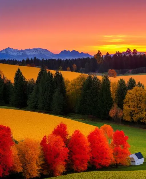 Prompt: Landscape Photograph of a beautiful farm at sunset, multiple fall color leaves on the trees only, soft side lighting, realistic, with a winding gravel road in the middle, with tall snow-capped mountains in the background, orange and pink sky