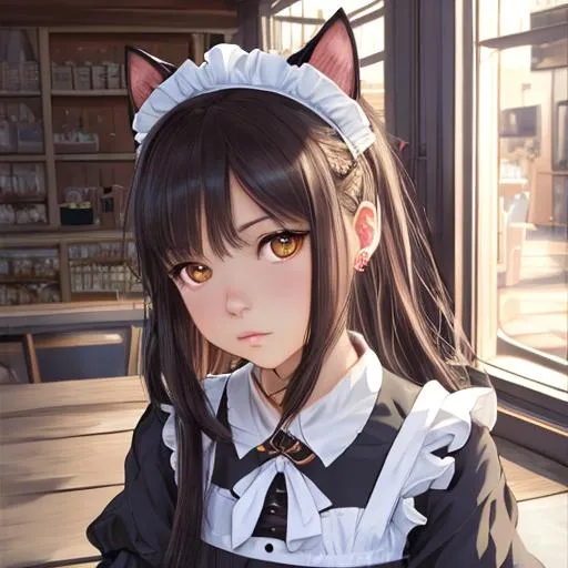 Prompt: front view, cinematic shot,

illustration of 2D young cat girl, cute face, sad, melancholic, ultra detailed cafe background, ultra detailed maid outfit, detailed face, detailed eyes, innocent, detailed nose, detailed mouth and lip, detailed interior, ultra detailed accessories, anime girl cat pose,

2D illustration, 2D character design, 2D flat color, 2D digital illustration, 2D vector illustration, vibrant color, detailed brush stroke, 

((sunshine, very strong sunlight on face, cinematic lighting, volumetric lighting, iridescent lighting reflection, reflection, beautiful shading, head light, back light, natural light, ray tracing, symmetrical)), (((masterpiece, professional, professional illustration, long hair, beautiful bang, stray hair))),

UDR, HDR, 64k, beautiful, stunning, masterpiece, inspired by cyberpunk 2077,