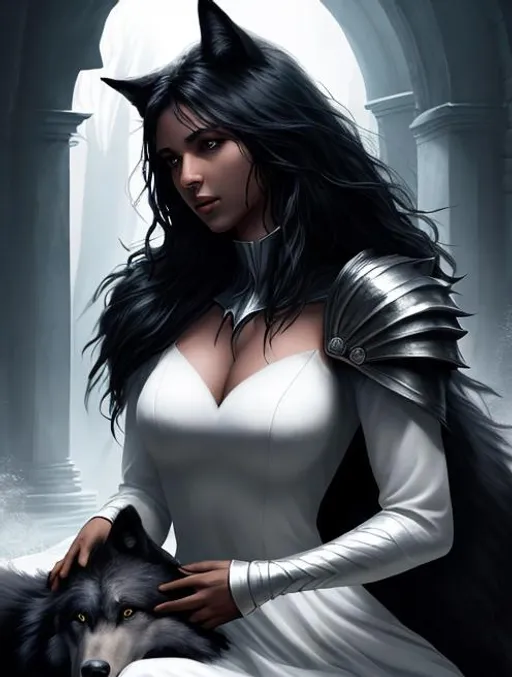 Prompt: fantasy book cover. A woman with a white dress touching black wolf. Dramatic light. Sharp focus. Detailed effect.