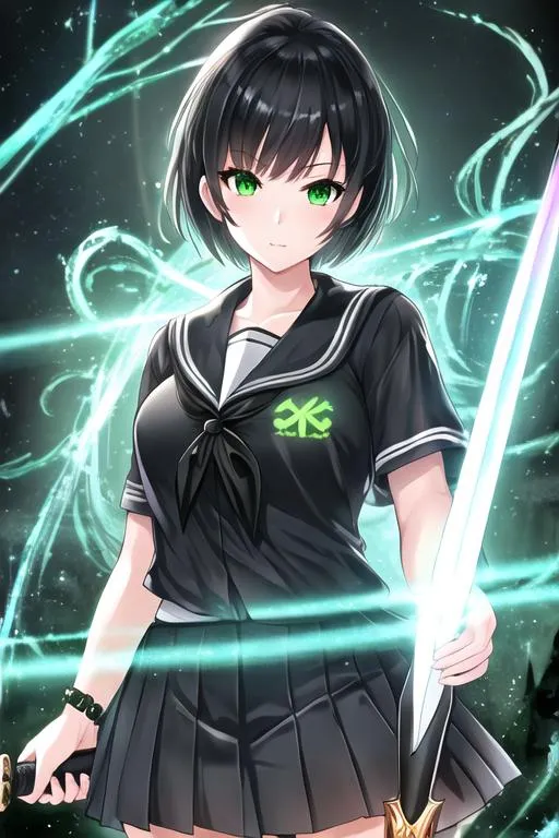 Prompt: UHD, hd , 8k,  anime, hyper realism,   Very detailed, zoomed out view, clear visible face, full character in view, clear visible face, standing , school girl character, short black hair, glowing green eyes, rotting flesh, holding a sword with a skull on top in her right hand,