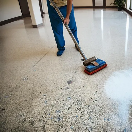 Prompt: person cleaning terrazzo floor