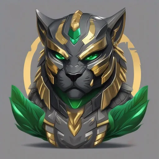 Prompt: Predator, dark grey with panther-like ears, green jungle armor with gold bands and emerald stones, masterpiece, best quality, in cartoon style