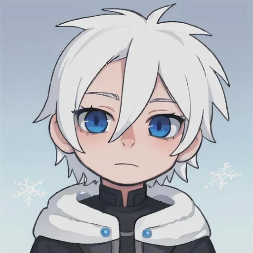 Prompt: Portrait, detailed. Teenage boy with stark white hair and blue eyes, frozen eyelashes, cold, albino



