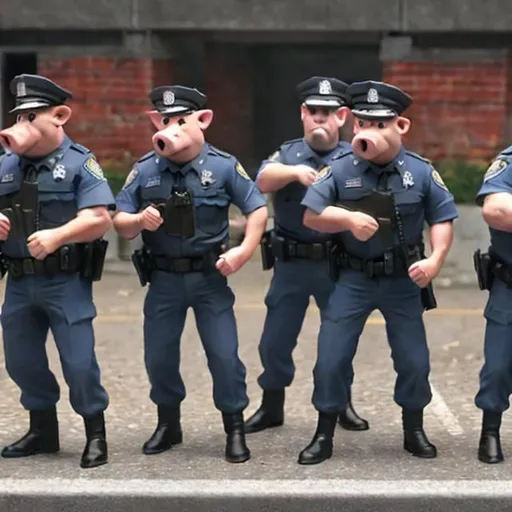 Prompt: Five bipedal pig-police officers in uniform backed up against a wall by a large crowd of angry, fed up citizens ready to attack them Photo realistic.