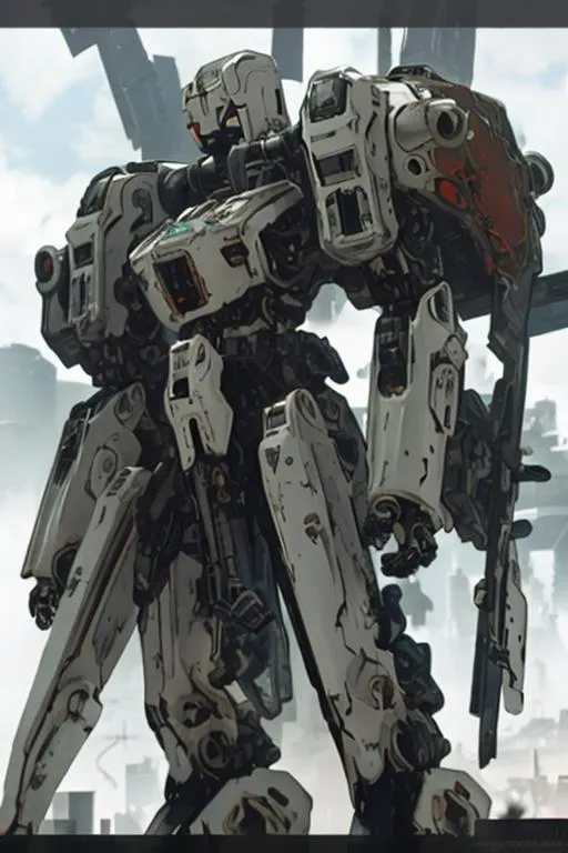 Prompt: A white mecha with complex design with a sword on the left arm and a rifle on the right with a ruined city as background 