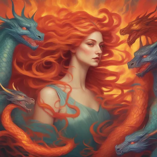 Prompt: A colourful and beautiful Persephone, with hair being made out of fire, surrounded by dragons, in a painted style
