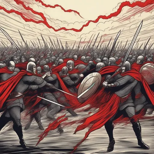 Prompt: Dark fantasy battle, big battle of two armies,
Red blood,
Drawn in retro comic style, coloured