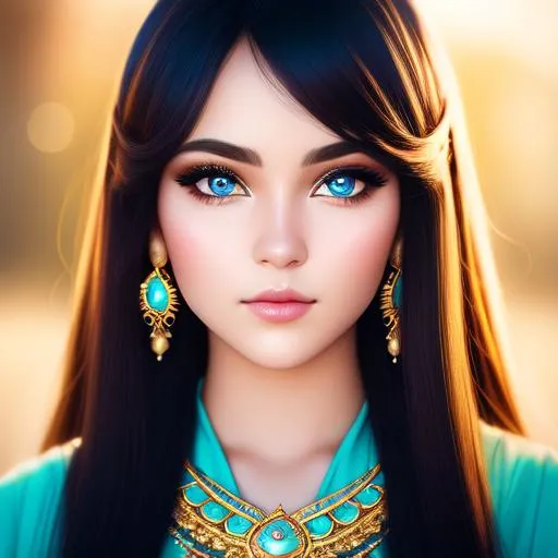 Prompt: Closeup face portrait of a {{{image}}}, smooth soft skin, big dreamy eyes, beautiful intricate colored hair, symmetrical, wide eyes, soft lighting, wearing gold and turquoise jewelry