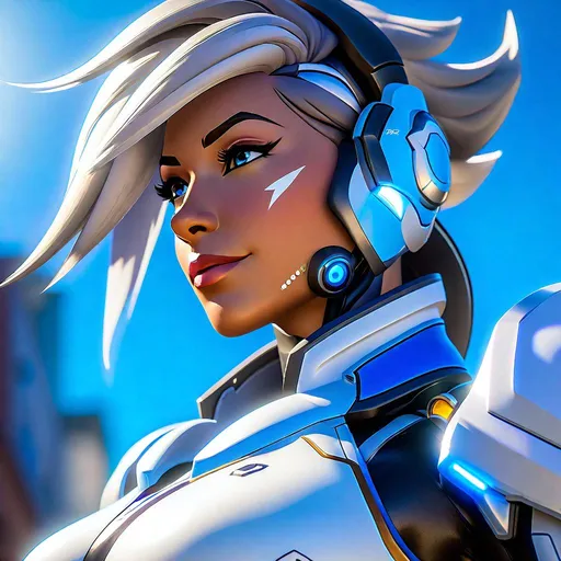 Prompt: Produce a close-up, professionally photographed portrait of Echo, the versatile, AI character from Overwatch, standing on a sunlit street under a clear, blue sky. The photo should capture Echo’s artificial visage in rich detail, maintaining the highest professional photographic quality.

Echo, beaming with joy, should be central to the frame. Her dynamic design and distinctive blue-and-white color scheme should contrast and resonate with the radiant environment around her. Her humanoid face, meticulously detailed, should reflect an expression of pure happiness and warmth. The ambient sunlight should highlight her face, creating a play of light and shadow that emphasizes her artificial yet strikingly expressive features.

The background consists of a street bathed in sunlight. The architectural details should blur into the background, creating an atmospheric depth, and letting Echo capture the viewer's attention entirely.

The blue sky above should mirror Echo's dominant color scheme, thus creating a balanced, color-coordinated composition. The sunlight should cast a gentle, warm glow on Echo, making her appear even more vibrant against the backdrop.

Capture this moment with utmost clarity, ensuring every detail, from the textures of Echo's exterior to her joyous facial expression, is in sharp focus. This image should portray Echo not just as a character from Overwatch, but as a beacon of joy and optimism under the dazzling sun, beautifully complementing the scenery around her.