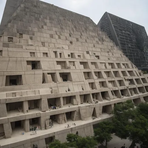 Prompt: a large pyramid with lots of inset windows, brutalist architecture