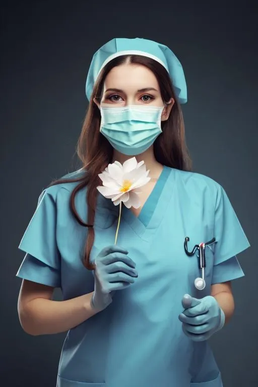 Prompt: a nurse holding a flower with a white background