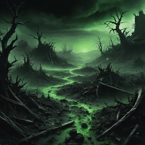 Prompt: Ominous digital illustration of a sinister and corrupted landscape, eerie black and green color scheme, toxic fumes engulfing the scene, haunting black magic rituals, intricate and sinister details, high quality, detailed rendering, digital art, toxic, dark arts, eerie atmosphere, corrupted landscape, sinister rituals, ominous lighting