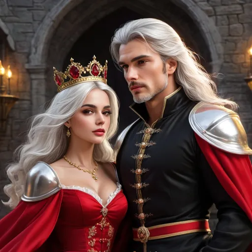 Prompt: High resolution, perfectly beautiful man and woman, silver hair, purple eyes, gold crowns with rubies, perfect faces, perfect female body, perfect male body, standing in parallel, red and black clothes, silver armor, dragons, castles in the background, fantasy, regal, detailed, royal, majestic, elegant, medieval, best quality, highres, silver hair, purple eyes, dragons, castles, fantasy setting, regal attire, detailed features, royal ambiance, intense gaze, perfect symmetry, majestic setting, atmospheric lighting