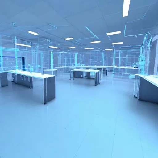Prompt: a future ai lab. look clean inside blue colour. center perspective look. make 3d look