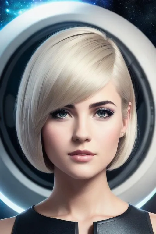 Prompt: UHD, 8k, Professional Photograph, masterpiece,  realistic, Layered Bob Hair, short hair, front view, inner of space ship