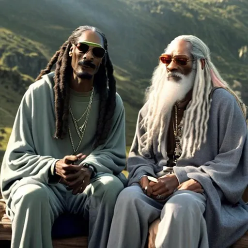 Prompt: Snoop Dogg sharing a cannabis joint with Gandalf from the Lord of the rings movie 