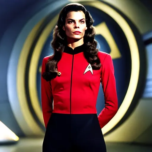 Prompt: A photograph of Pamela Salem, wearing a Starfleet uniform, with a Star Trek background, in the style of the "Star Trek: The Wrath of Kahn."