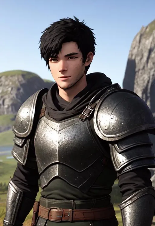 Prompt: Full character, kind of dorky, shy, Digital art, 22-year-old viking man, black hair. green armor. blue gear. medium-length black hair, subtle smile, short black stubble beard, hazel eyes, adventurer, blue sky background, unreal engine 8k octane, 3d lighting