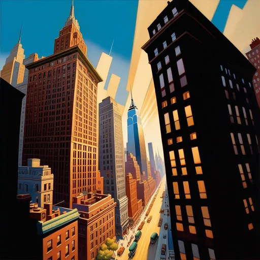 Prompt: Aerial view of downtown Manhattan, 1930s, cartoony style, extremely detailed painting by Greg Rutkowski and by Henry Justice Ford and by Steve Henderson