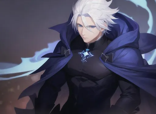 Prompt: A man with white hair and blue eyes and a black and blue cloak and black clothing underneath and blue markings, dark background, 4k, high quality