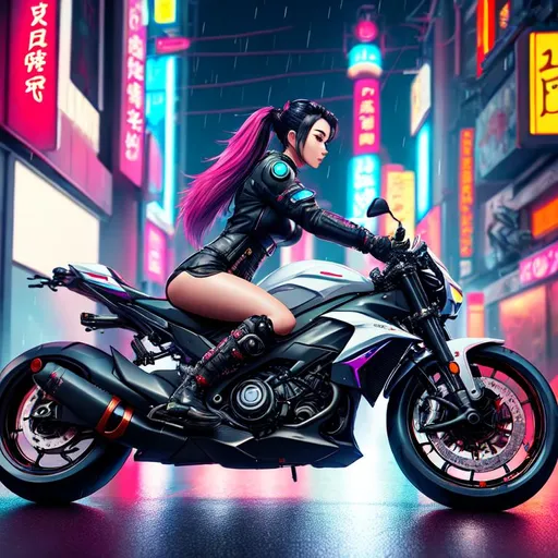Prompt: hyperdetailed character illustration in 8k UHD of a cyberpunk samurai woman sitting on a futuristic motobike. realistic and perfectly detailed face. digital art. Cyberpunk setting, neon streets in the rain at night.