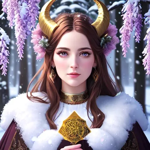 Prompt: Portrait tarot Aries tarot card goddess covered in snow, brown hair, pink eyes, goat horns, angel wings, surrounded by pine trees, surrounded by wisteria trees, heavy snow, 4K, hyper detail, extremely photo realism