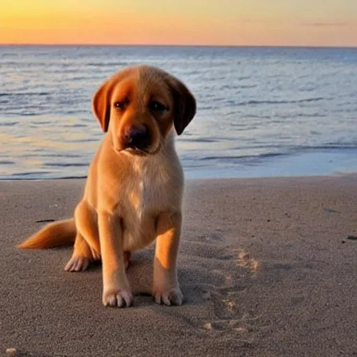 Prompt: pretty lab puppies with a sunset on the beach