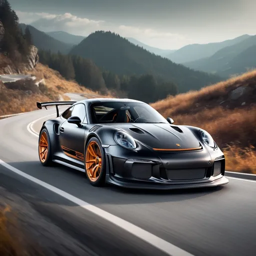 Prompt: Imagine a black matte Porsche GT3 RS concept vehicle roaring down a winding mountain road, with its futuristic design reflecting the surrounding natural landscape