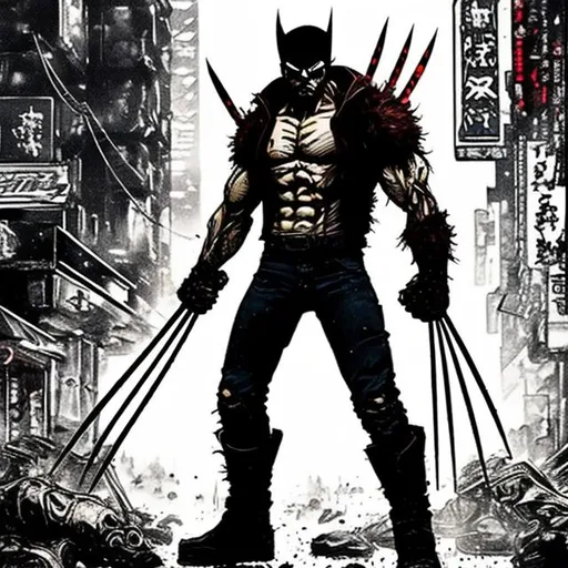 Prompt: Gritty Todd McFarlane style X-men Wolverine. Full body. Gritty, futuristic army-trained villain. Bloody. Hurt. Damaged. Accurate. realistic. evil eyes. Slow exposure. Detailed. Dirty. Dark and gritty. Post-apocalyptic Neo Tokyo .Futuristic. Shadows. Armed. Fanatic. Intense. 