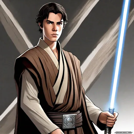 Prompt: 20-year-old Jedi, Dark brown layered robes over grey tunic, layered robes, brown robes, short black hair pulled back, brown Jedi belt with small silver buckle, square chin, young man, detailed art, high quality texture, Star Wars character art, dark brown and grey Jedi robes, grey tunic, black vest, realistic lighting, studio lighting on face, detailed texture, crewcut hair, High quality art, Detailed digital art, dynamic lighting,