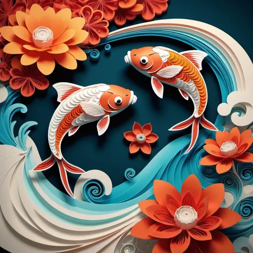 Prompt: flat emboss 3d style paper illustrator design 2Koi fish, flowers, water, cloude and lanscape background.  abstract vector fractal, wave function, quilling, Zent angle, 3d shading" by Jason Middlebrook --v 6.0, warm matte color grading, (cartoon-style bold line work:1.2), vibrant colors, cel shading, background cloude gradient color epic abstract vector fractal, cinematic shot, dynamic lighting, 75mm, Technicolor, Panavision, cinemascope, sharp focus, fine details, 8k, HDR, realism, realistic, key visual, film still, cinematic color grading.
