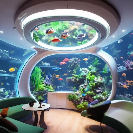 Prompt: Close caption of a Space creaft living apartment pod for one person. Aquarium with edible fishes and plants.